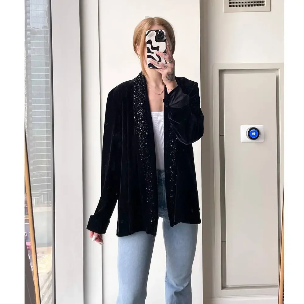 Vintage 90s Black Velvet Beaded Draped Blazer Jacket Womens L Long Sleeve